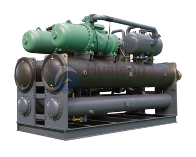 A water cooled chiller rejects the absorbed heat to an additional fluid loop that can then reject the heat through a secondary device such as a cooling tower (more common) or dry cooler.